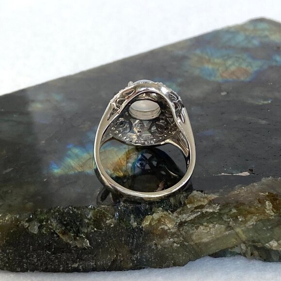 Sterling Silver 925 CFJ Round Moonstone Cabochon Oval Scrollwork Ring Sz 7.75 - Picture 7 of 16